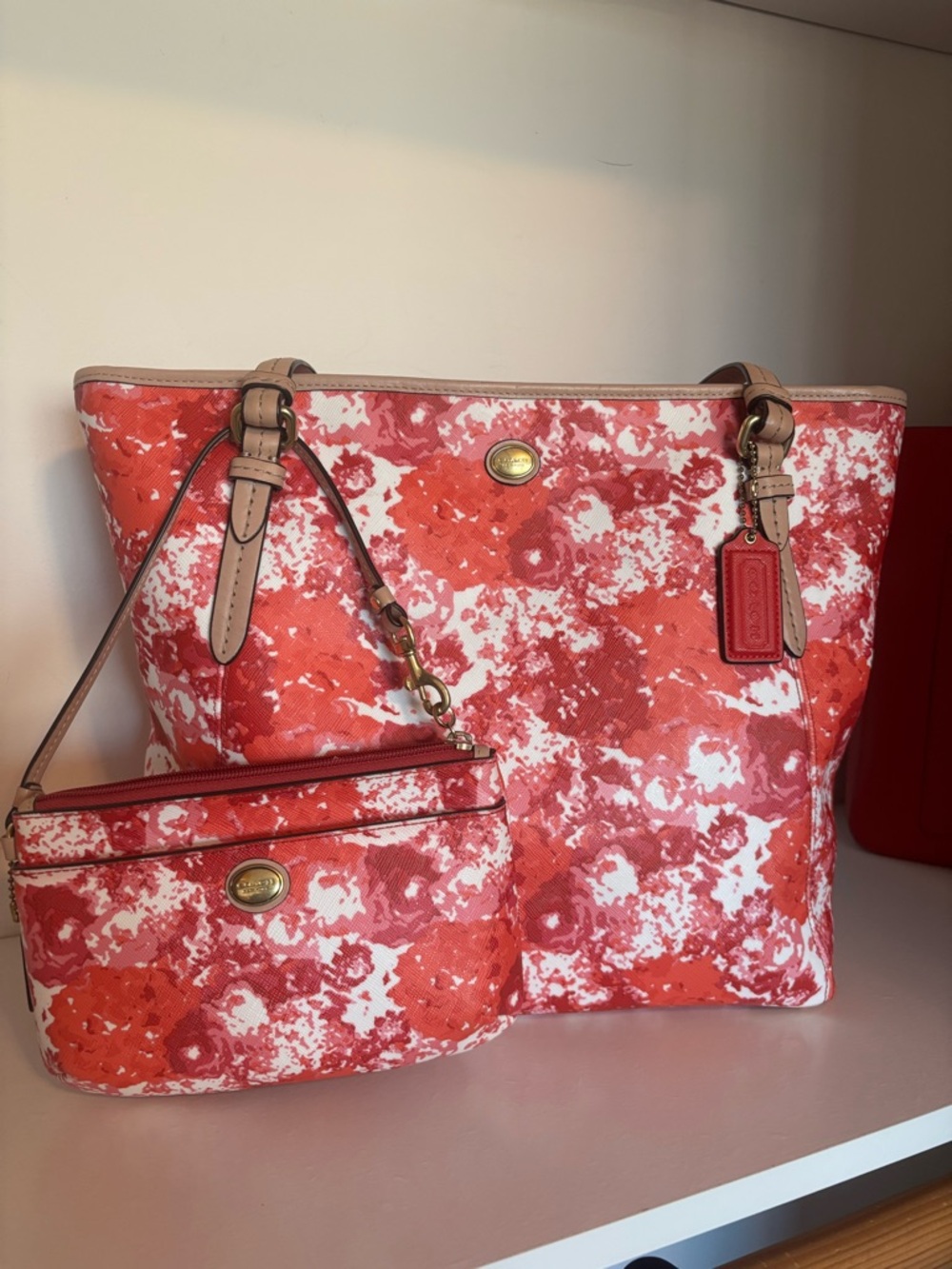 SOLD - Coach Coral and White Abstract Floral Tote with Wristlet